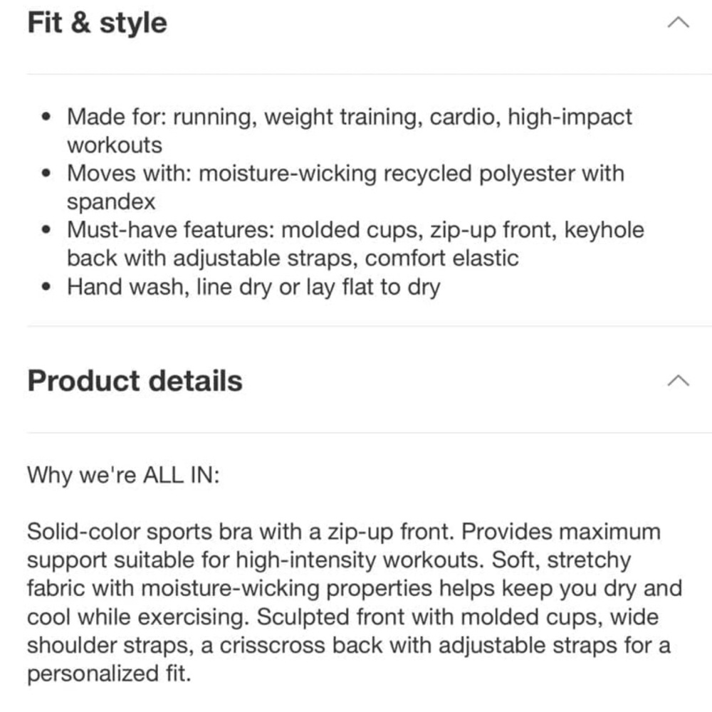 All in Motion Sculpt High Support Zip-Front Sports Bra in Black Size 36DD NEW - Picture 3 of 13